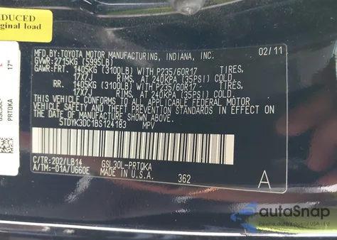 2011 Toyota Sienna Xle V6 из США, поврежденный, VIN 5TDYK3DC1BS124183